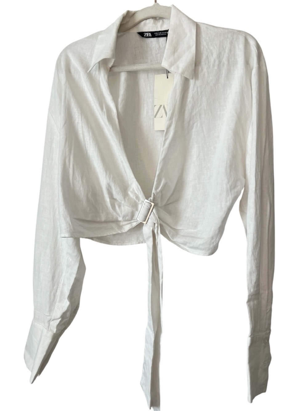 Zara white cropped tie front long sleeve collared top 4764/111/250 NWT medium